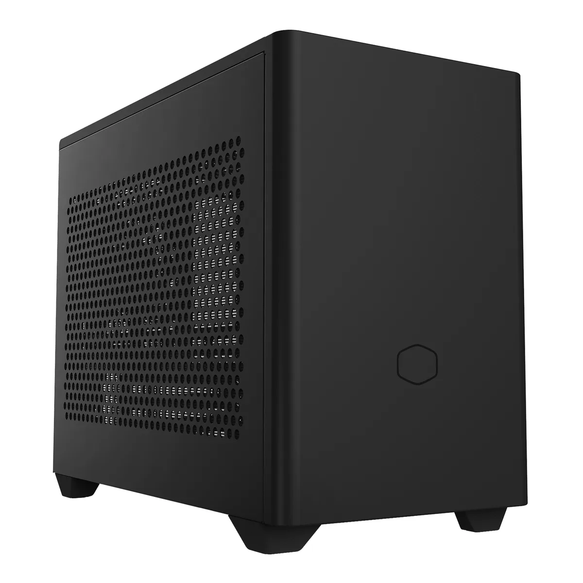 Compact black Mini-ITX tower with mesh steel panels, side window, pre-installed fans, tool-free panels, triple-slot GPU clearance