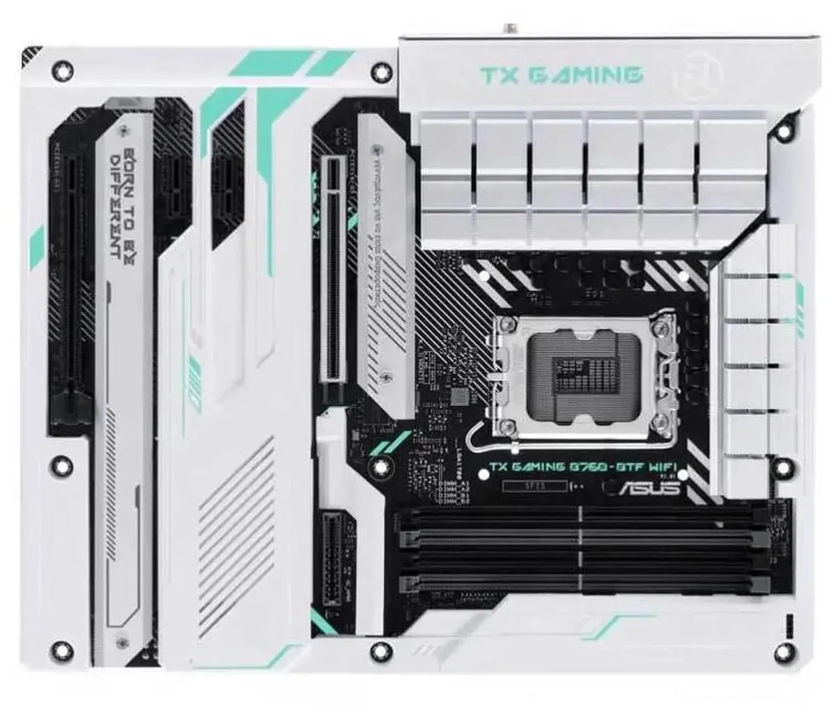Black mATX motherboard with white accents and BTF branding