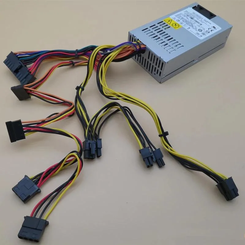 Compact 1U flex-ATX power supply, matte black metal case, rear fan grille visible