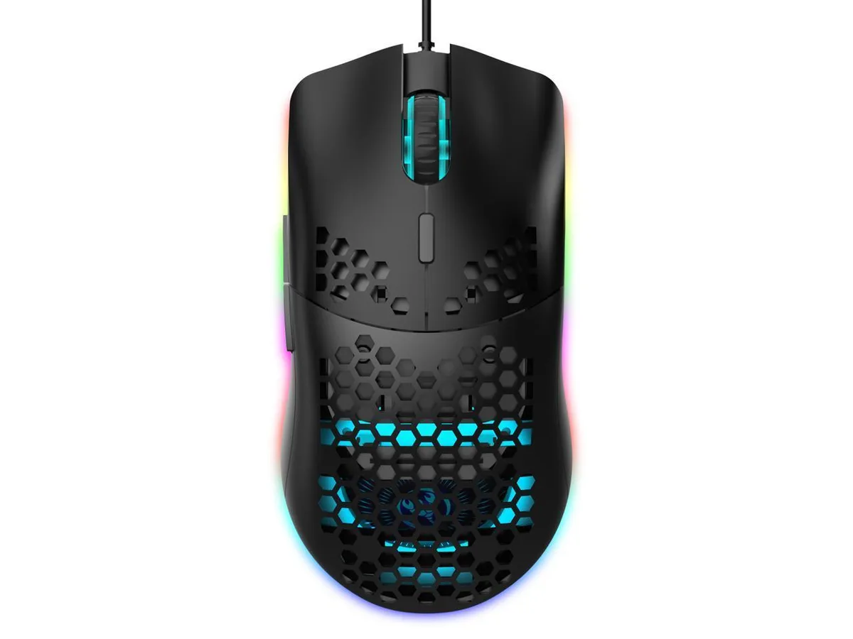 Black lightweight honeycomb gaming mouse with RGB lighting and braided cable