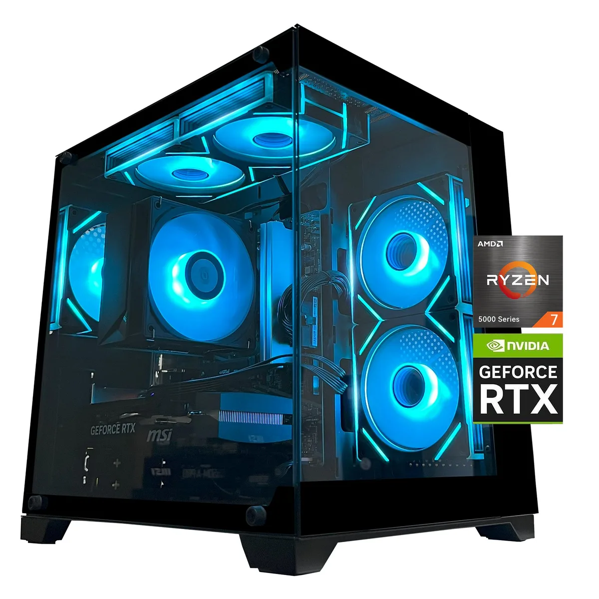 Mid-tower gaming desktop with glass side panel and ARGB fans