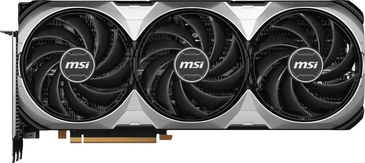 Black triple-fan graphics card with silver accents and backplate