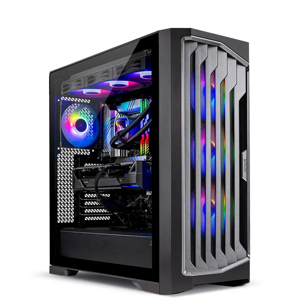 Black mid-tower gaming desktop with 360mm ARGB liquid cooler visible through tempered glass side panel