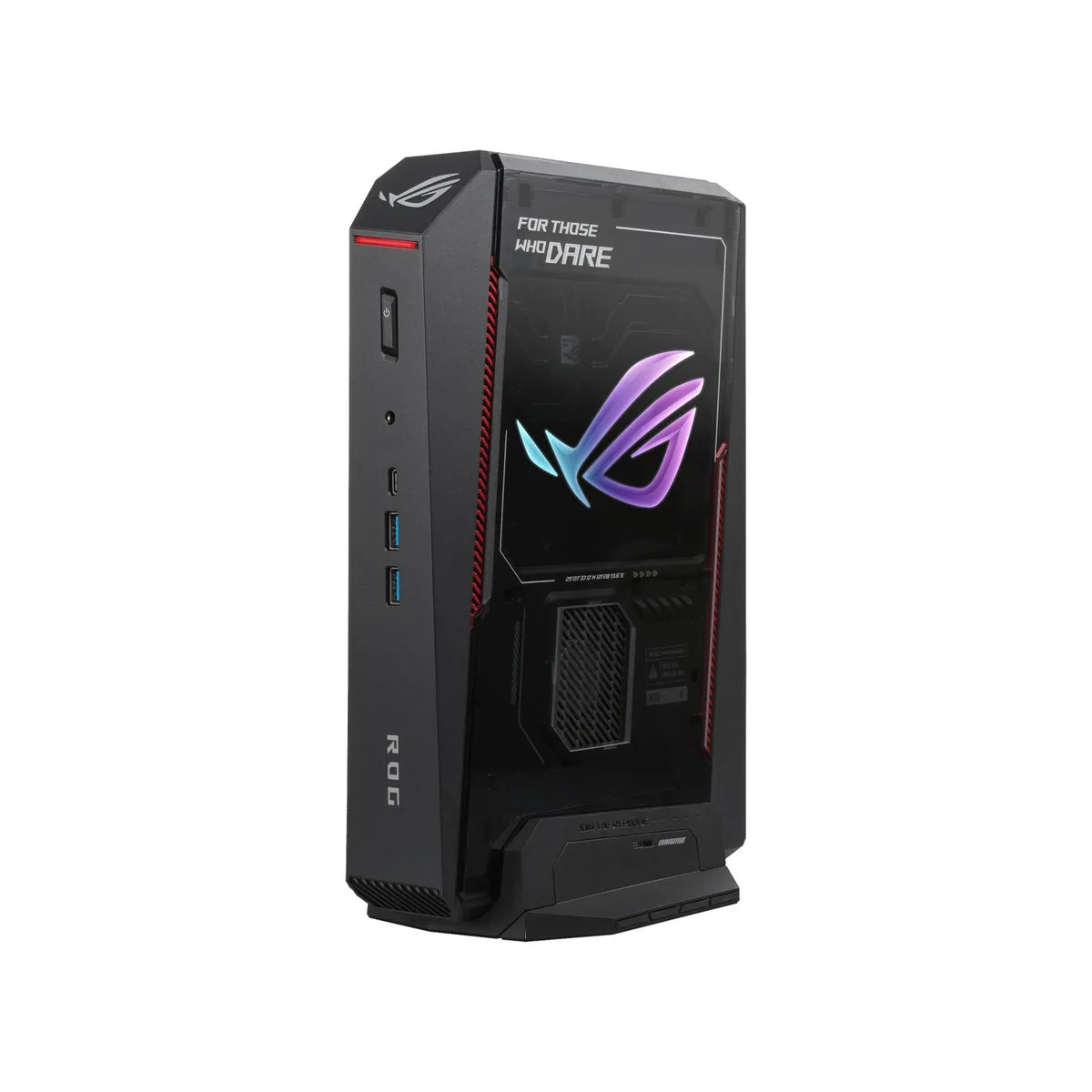 Compact black mini PC with ROG branding, triple-fan cooling vents and front USB-C port