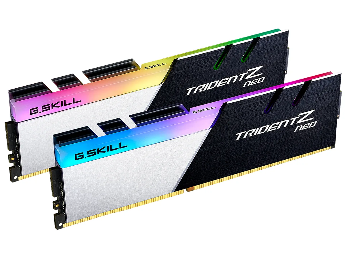 Two black and silver DDR4 modules with RGB lighting and tri-fin heatspreaders