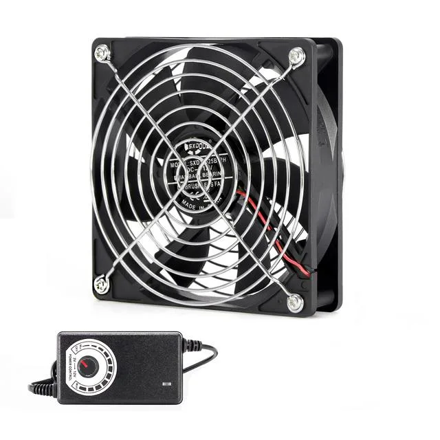 A square black 120mm DC fan and a small rectangular AC adapter with a voltage dial