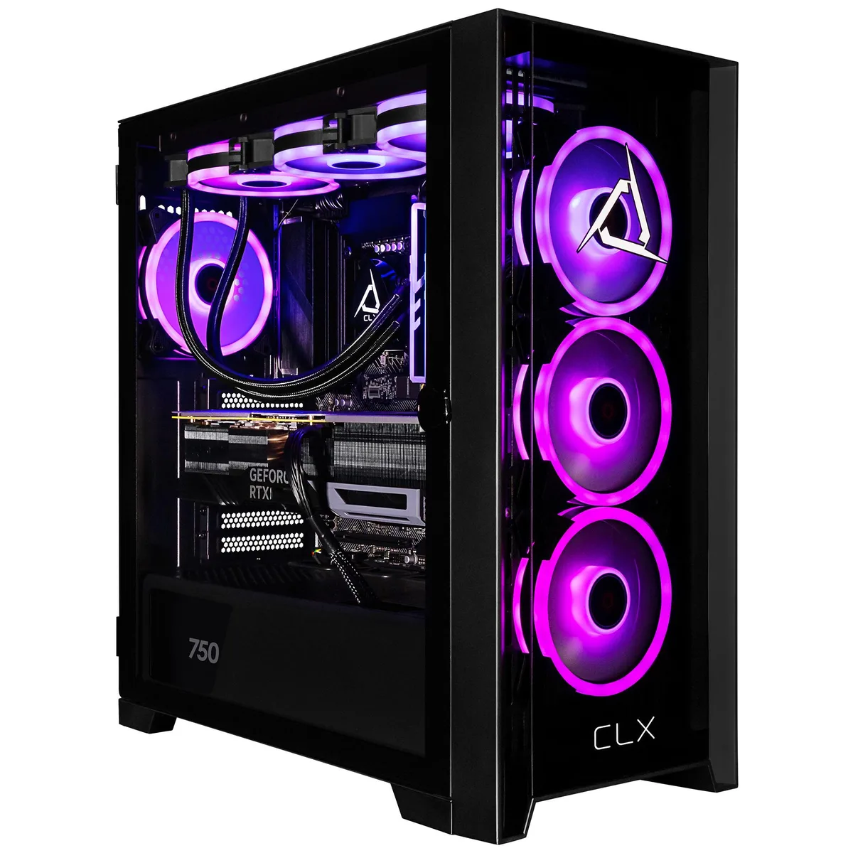 Black mid-tower gaming desktop with liquid cooling and RGB lighting