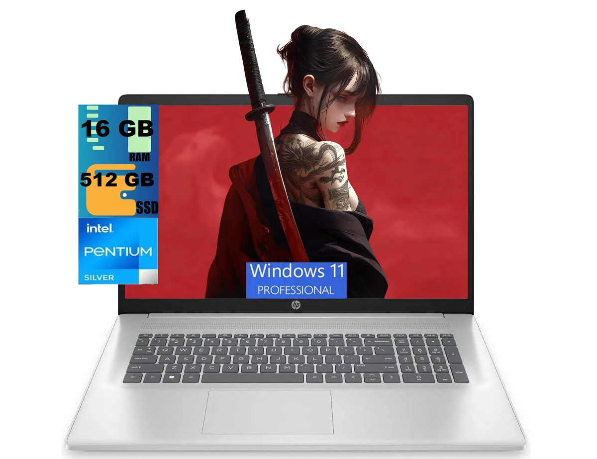 Silver 17.3 inch touchscreen laptop, slim profile, no backlit keyboard