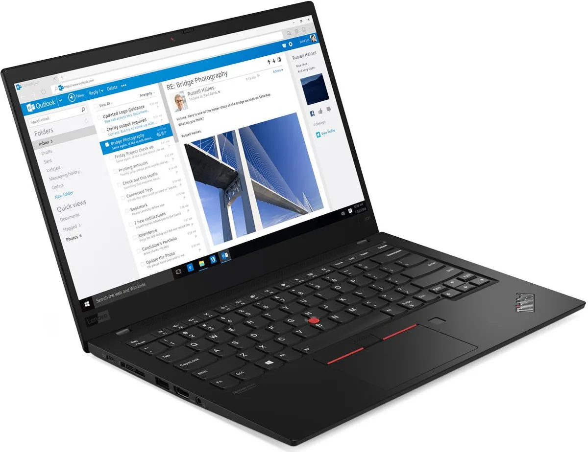 Black 14 inch ThinkPad X1 Carbon notebook matte finish closed lid ThinkPad logo visible
