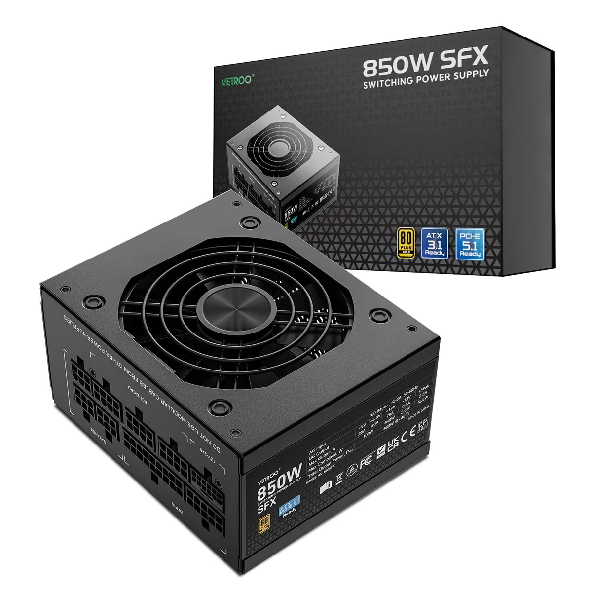 Vetroo Vetroo 850W SFX power supply ATX 3.1 PCIe 5.1 80 Plus Gold Black — photo du produit