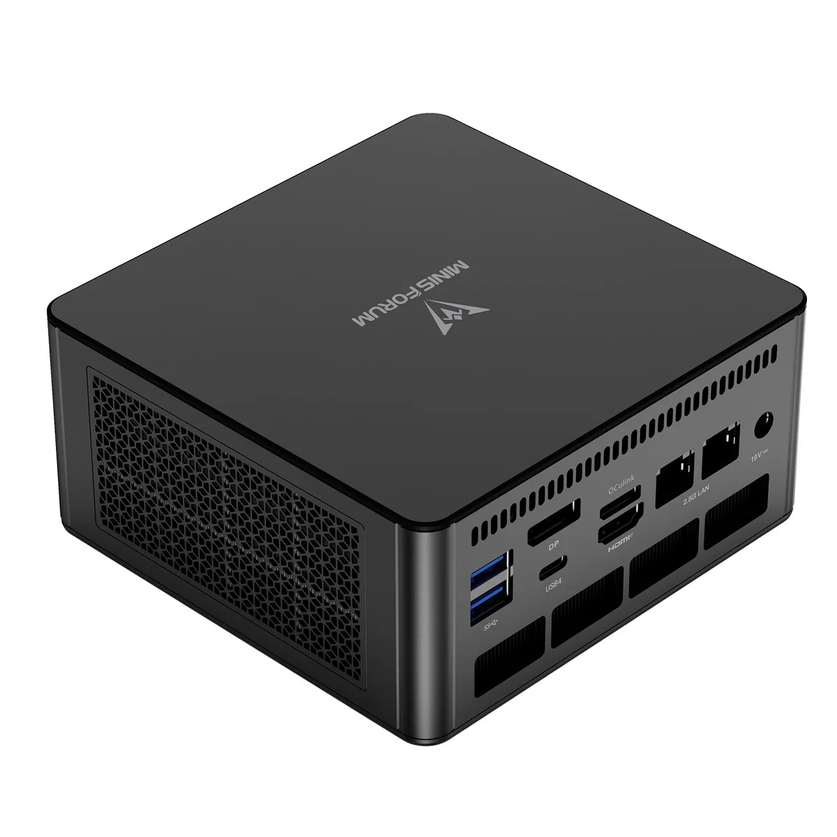 Small black square mini PC, barebone, no RAM or storage installed