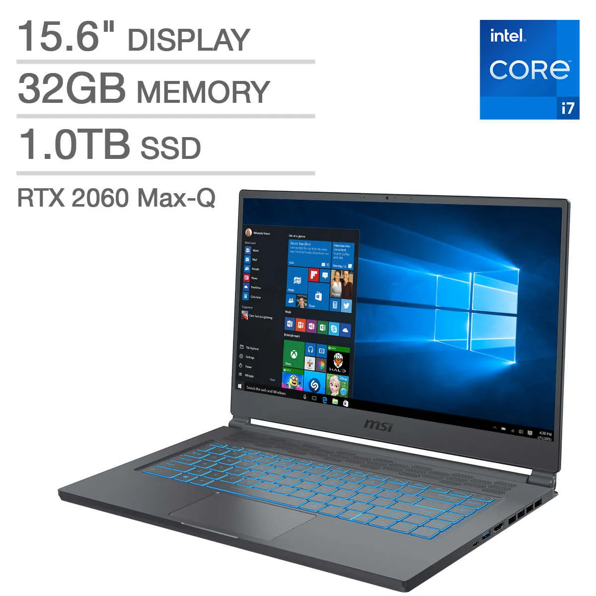 Thin silver 15.6 inch laptop with thin bezels and RGB keyboard