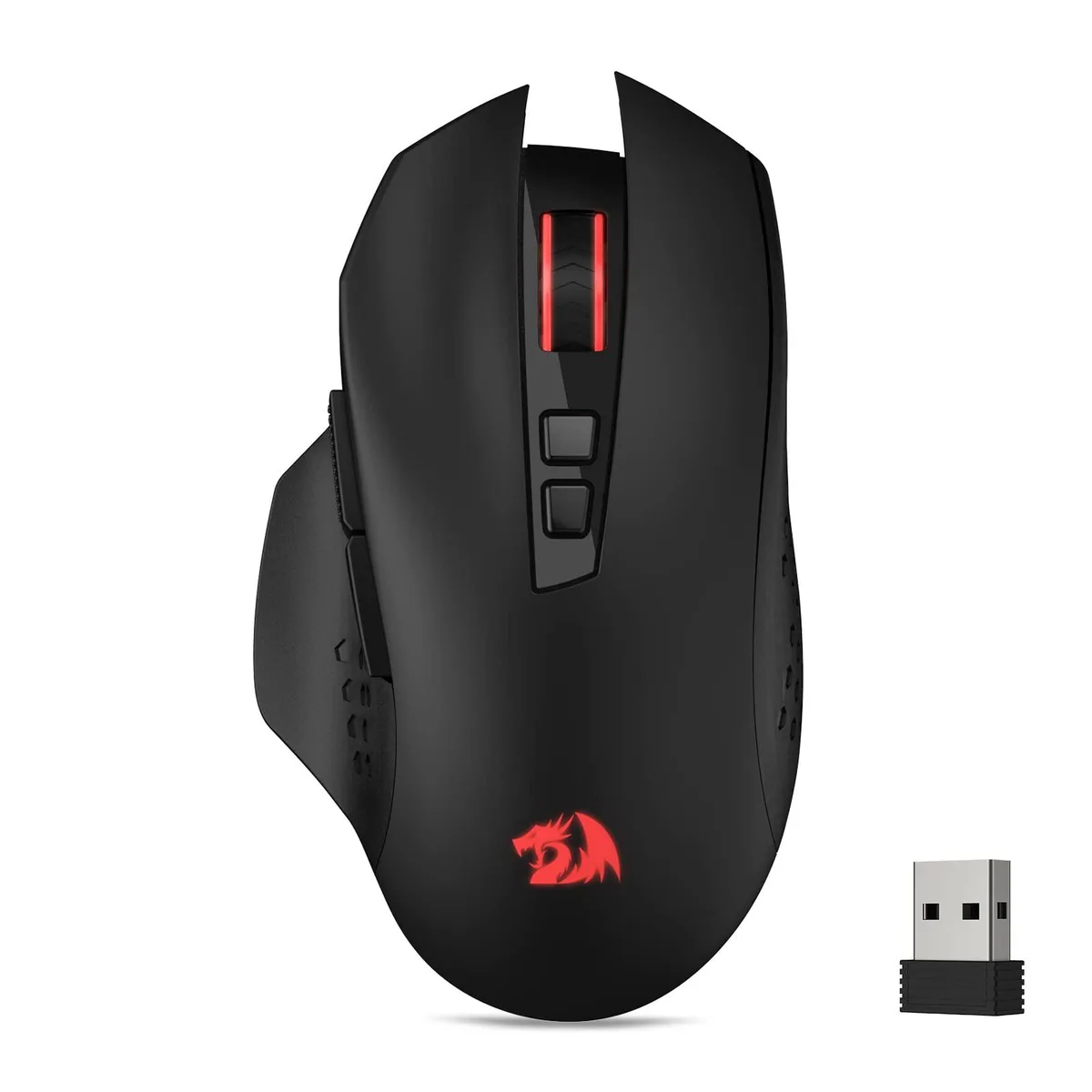 Black right-handed gaming mouse with red LED logo lighting and seven programmable buttons
