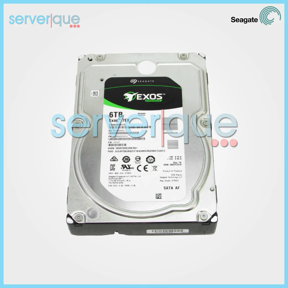 Silver 3.5 inch internal hard drive with label showing Exos 7E8 6TB