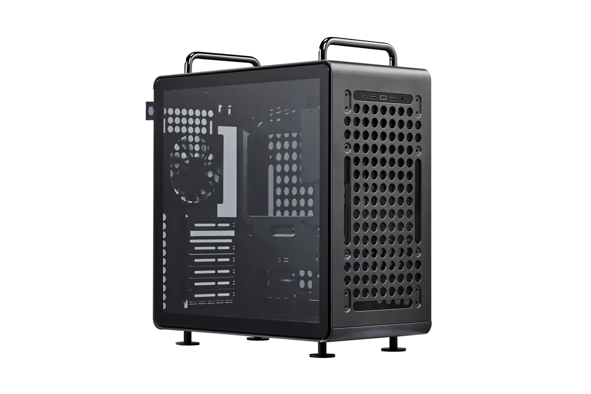 A mid-tower PC case in Stardust Iron with a front mesh panel, tempered glass side panel and portable handles
