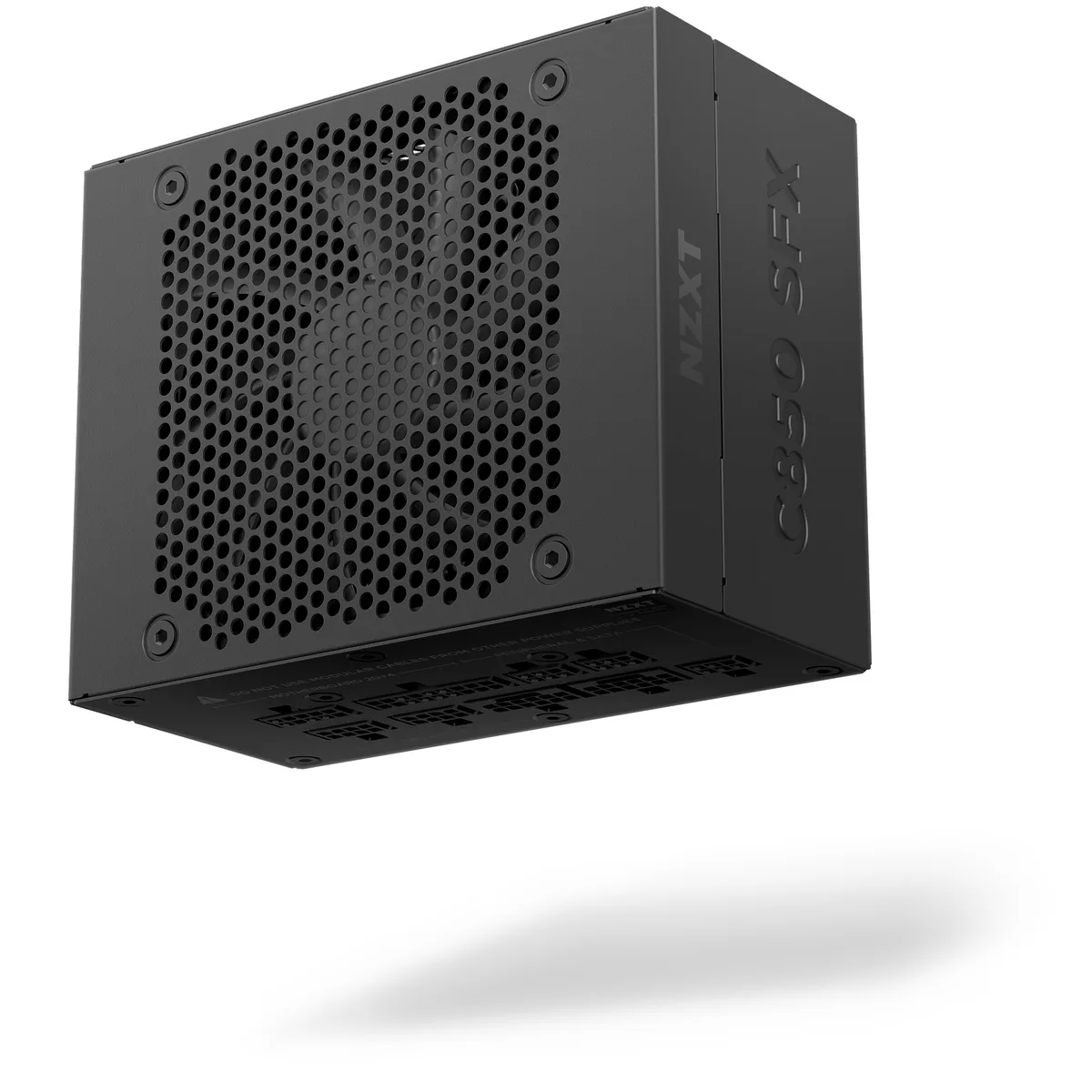 Black SFX power supply with 92 mm fan, fully modular cables, compact rectangular shape
