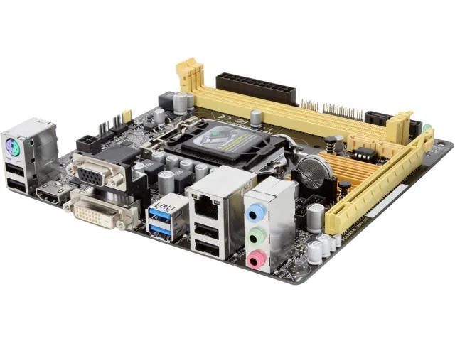 Green Mini ITX board with black LGA 1150 socket, two DDR3 slots, HDMI DVI VGA and USB ports