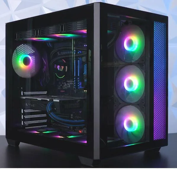 Black mid-tower gaming PC with ARGB liquid cooler and RGB lighting