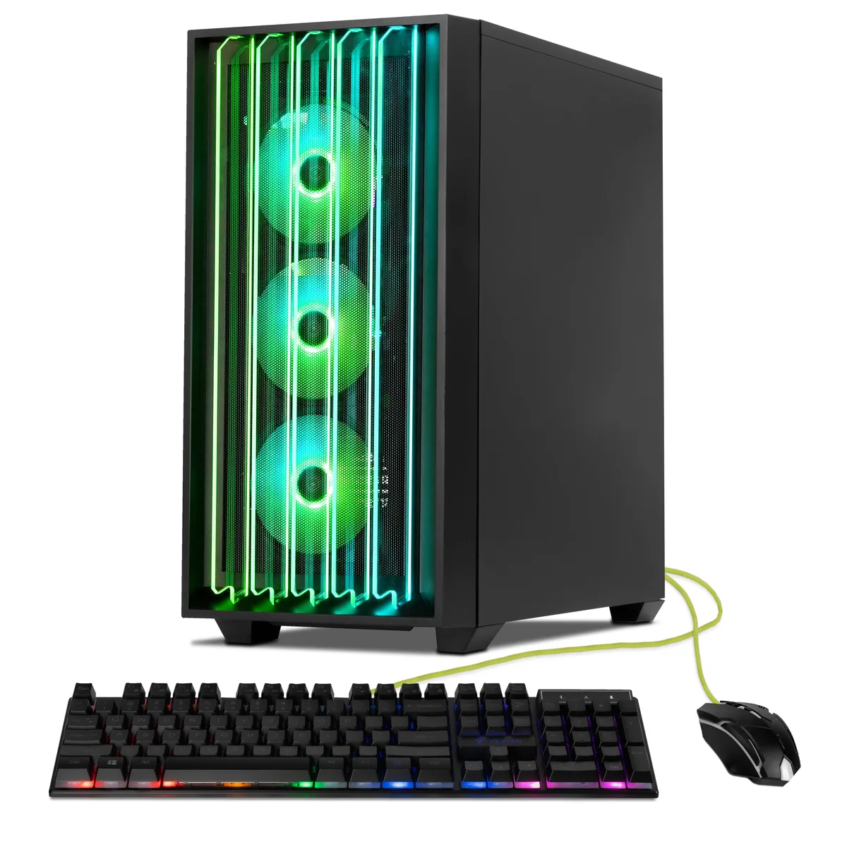 Black mid-tower gaming desktop with RGB lighting and 360mm AIO cooling