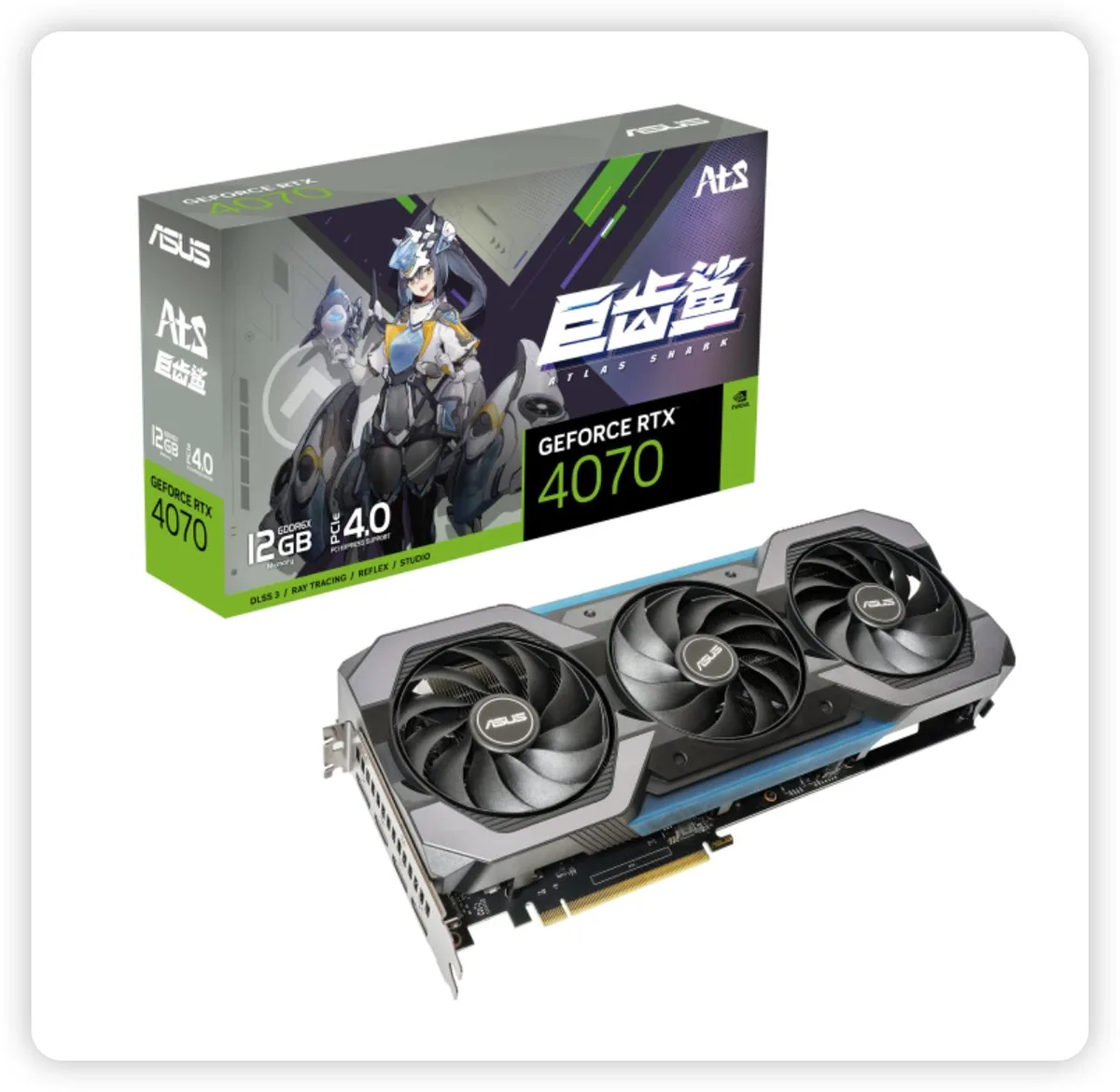 ASUS ATS Gaming GeForce RTX 4070 graphics card with three axial-tech fans and vented metal exoskeleton