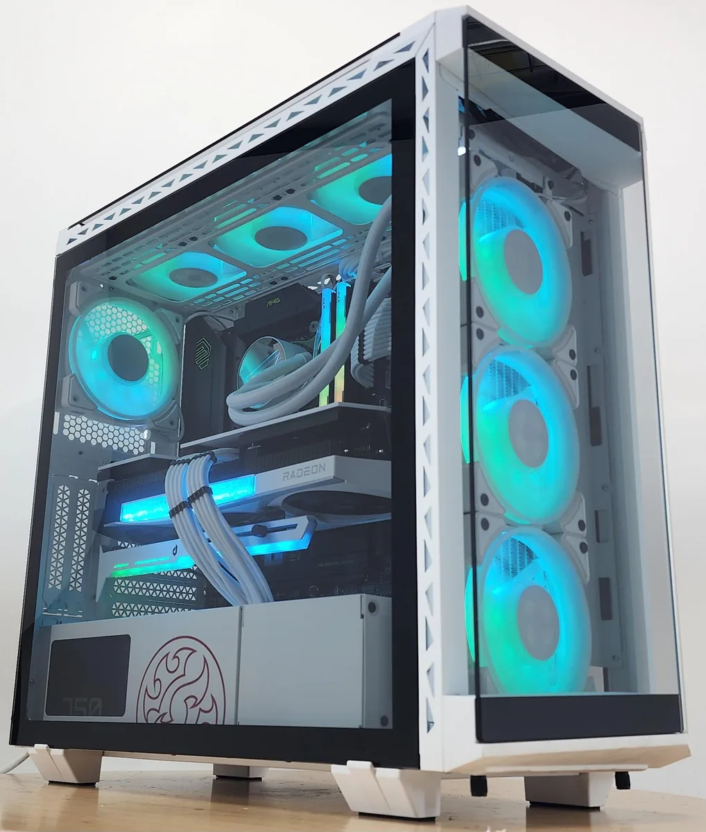 White mid-tower case with 360mm AIO and RGB graphics card