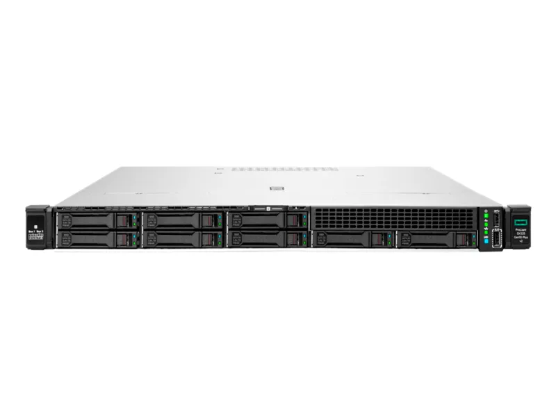 Silver 1U rack server with front drive bays and HPE badge