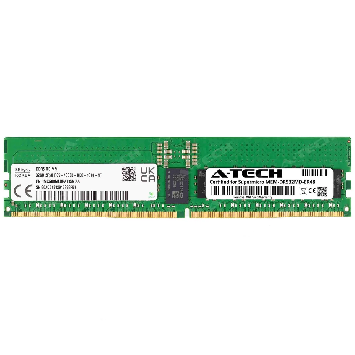 Green DDR5 RDIMM module with black chips and gold contacts