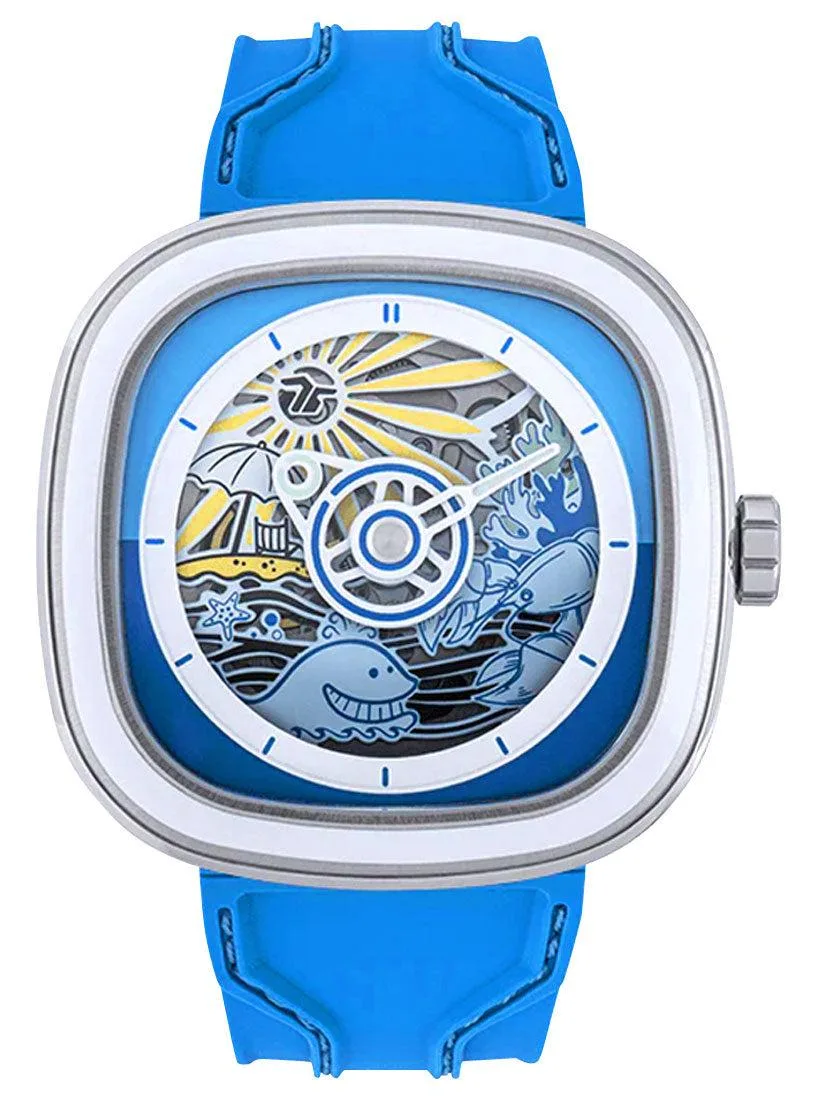 Sevenfriday Sevenfriday T1/09 Beach Club Automatic 45.6 mm Blue Skeleton Silicone Strap Watch — product photo