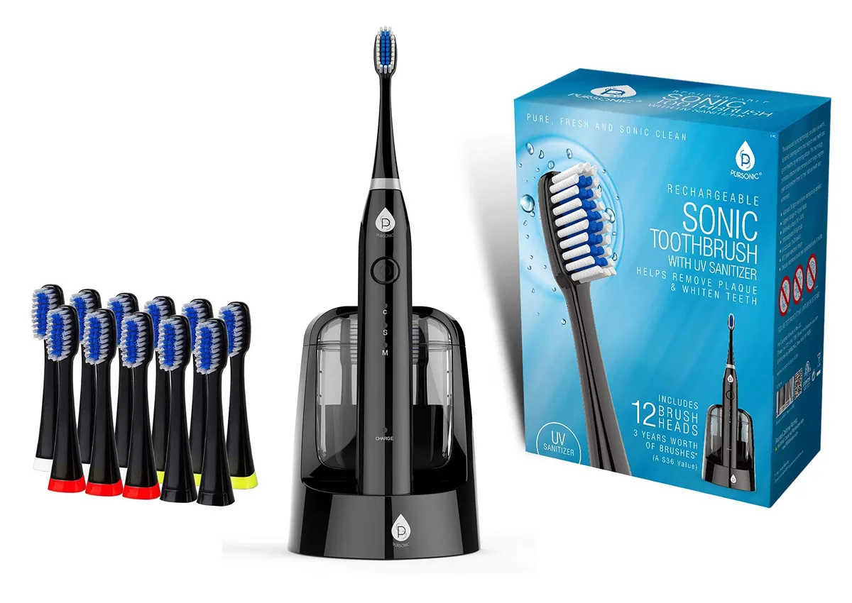 Pursonic s750 Sonic Toothbrush Black 40000 Strokes 12 Heads — product photo