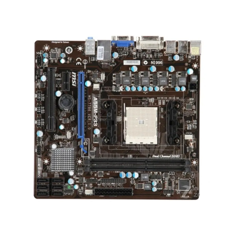 Green Micro ATX motherboard with black sockets and silver heatsinks