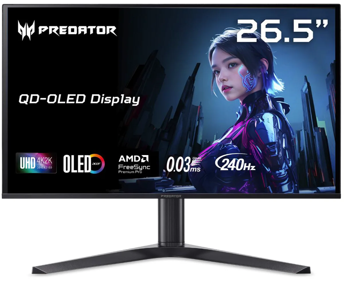 A 26.5 inch black OLED gaming monitor on an adjustable stand