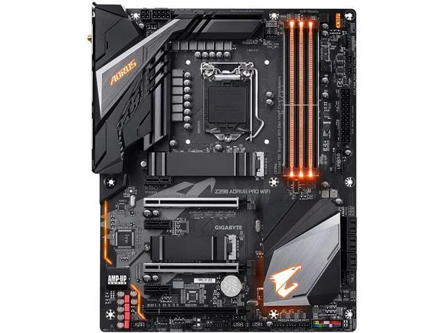 ATX motherboard in dark finish with metal heatsinks and integrated I/O shield