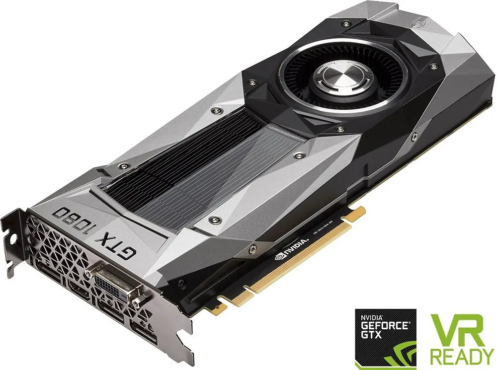 Silver dual-slot graphics card with angular metal shroud and single radial fan visible through vented side