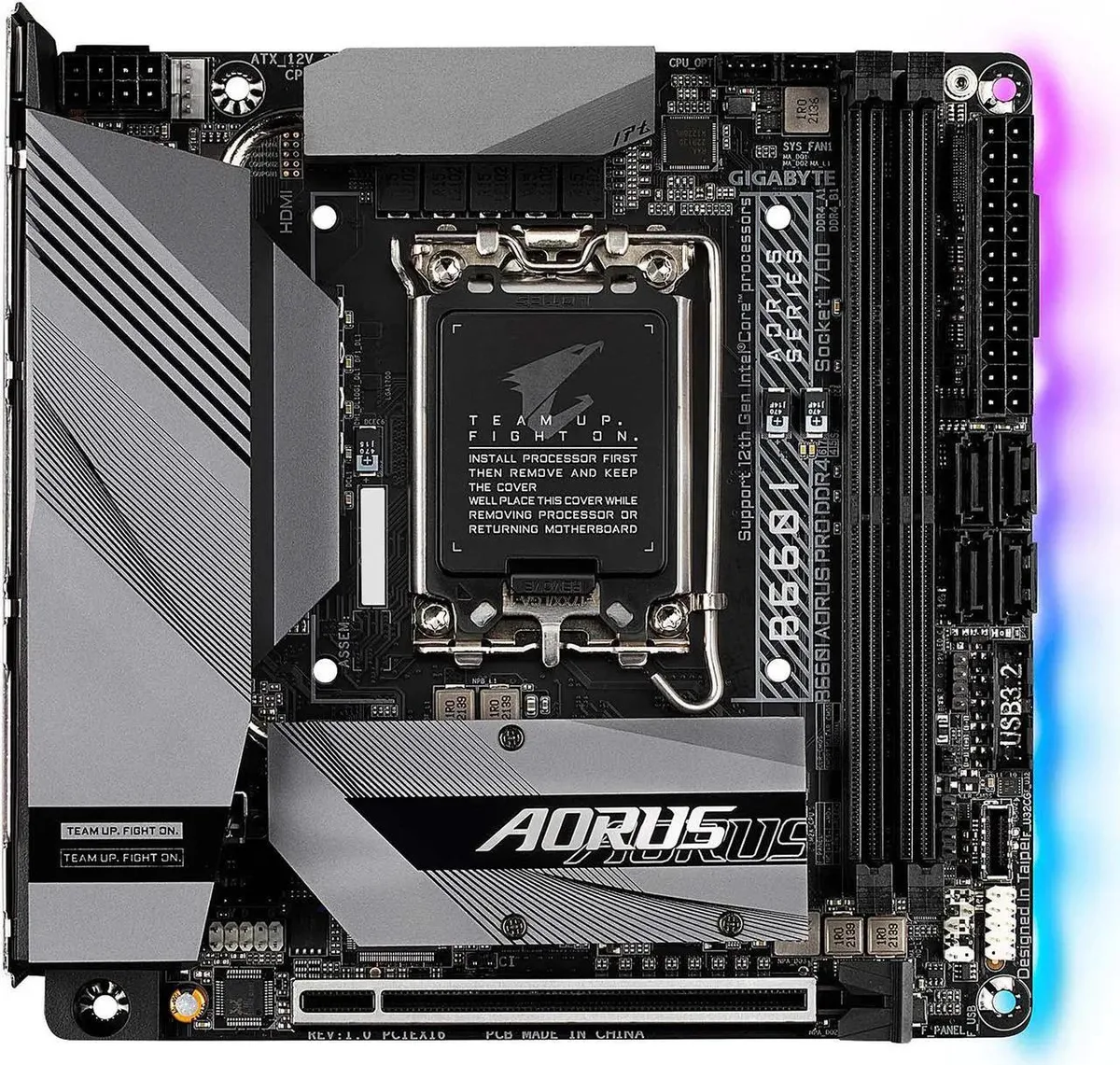 Compact square Mini-ITX board dark finish silver heatsinks rear I/O ports