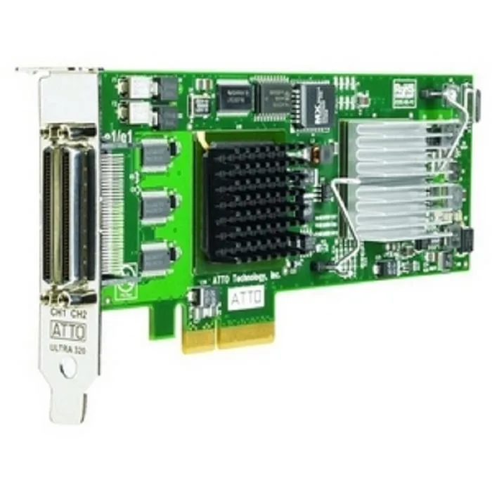 Green circuit board with silver bracket and two external VHDCI ports