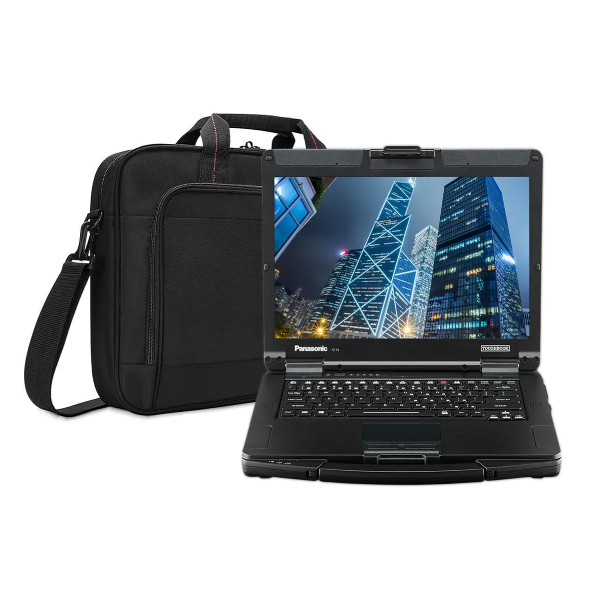 Semi-rugged magnesium-alloy laptop in dark grey with a 14-inch screen and matching polyester briefcase