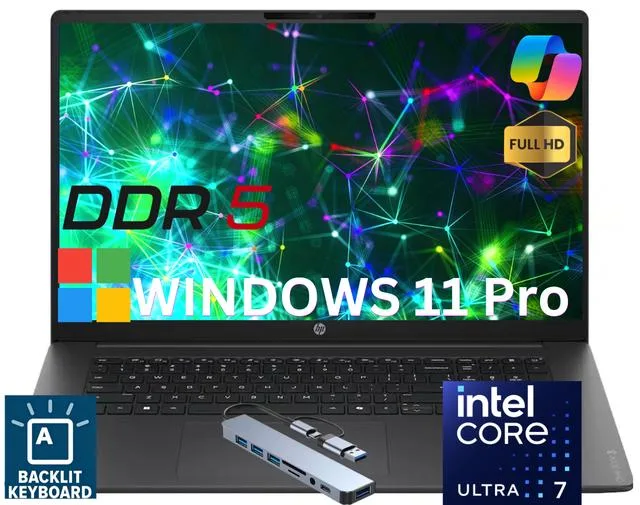 Black HP OmniBook 3 laptop, 17.3 inch non‑touch FHD IPS display, standard clamshell form factor, matte finish