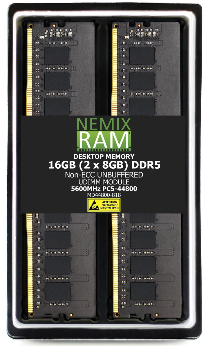 Two green DDR5 UDIMM modules in a clear plastic tray