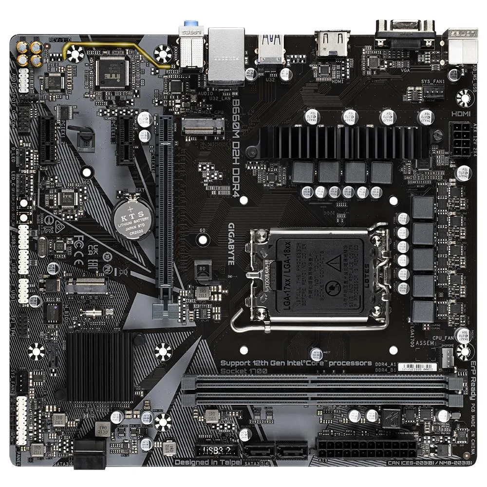 Rectangular micro-ATX motherboard, dark PCB with silver heatsinks and black DDR4 slots