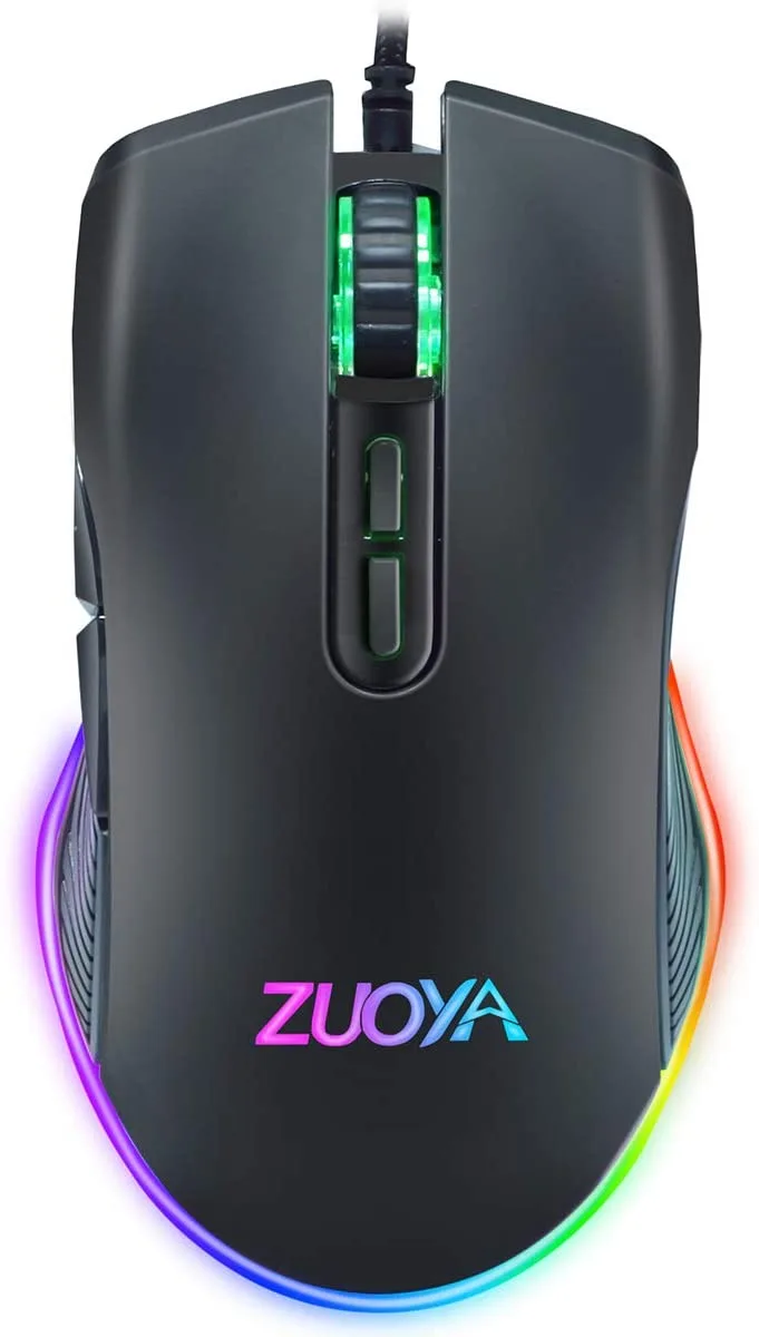 Black wired gaming mouse with RGB lighting and seven buttons