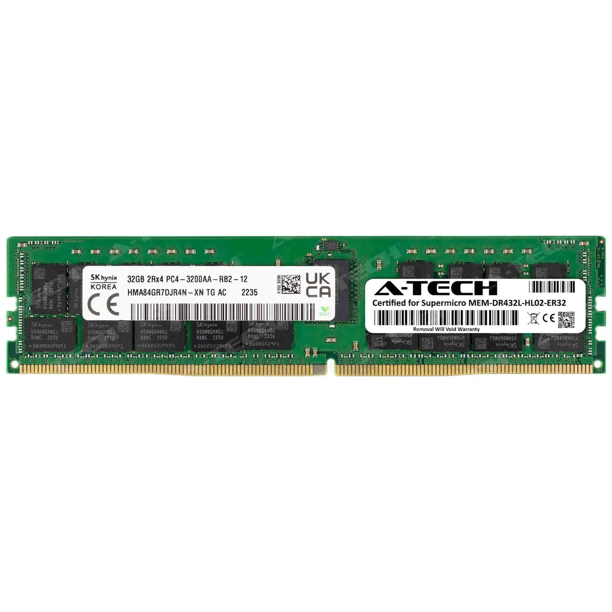 Green rectangular DDR4 RDIMM module with black memory chips and gold edge connectors