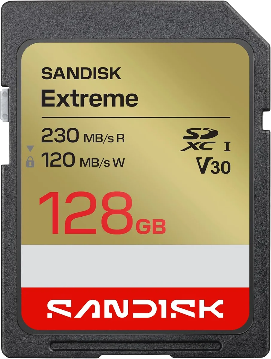 Red SanDisk Extreme SDXC card 128GB UHS-I U3 V30 A2
