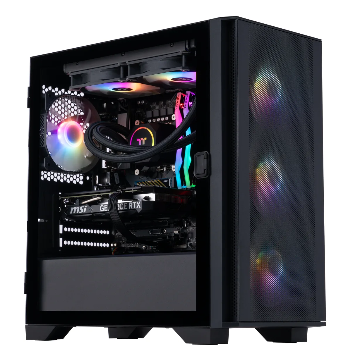 Black mATX desktop tower with tempered glass side panel and RGB liquid cooling visible inside