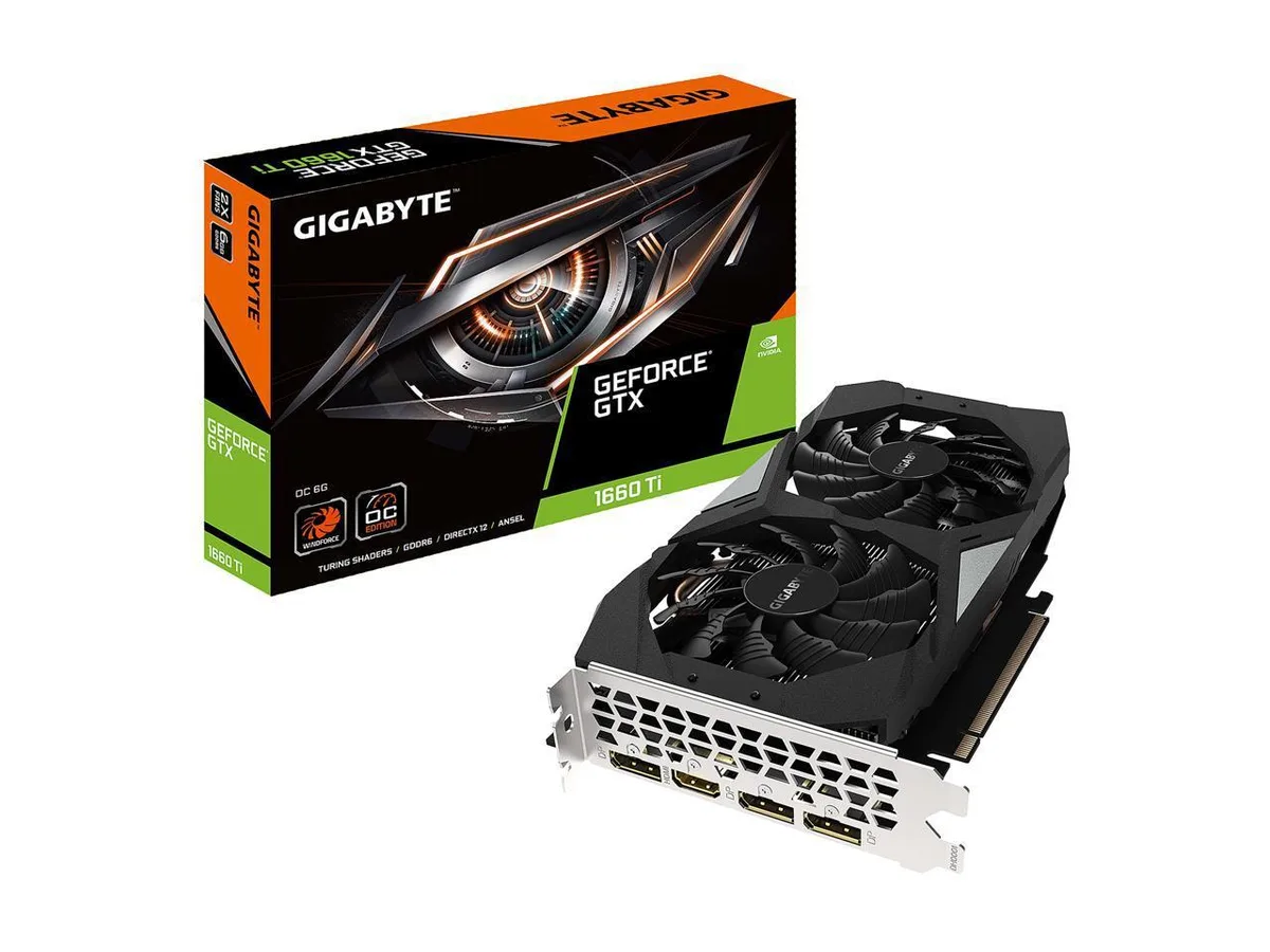 Gigabyte GTX 1660 Ti graphics card with dual black fans and silver backplate