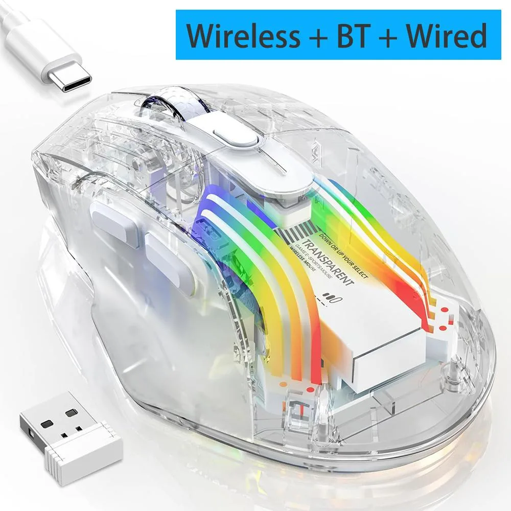 Transparent white gaming mouse with RGB lighting visible through the shell