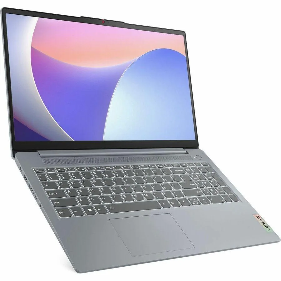 Silver Lenovo IdeaPad Slim 3 15.6 inch laptop closed on plain background
