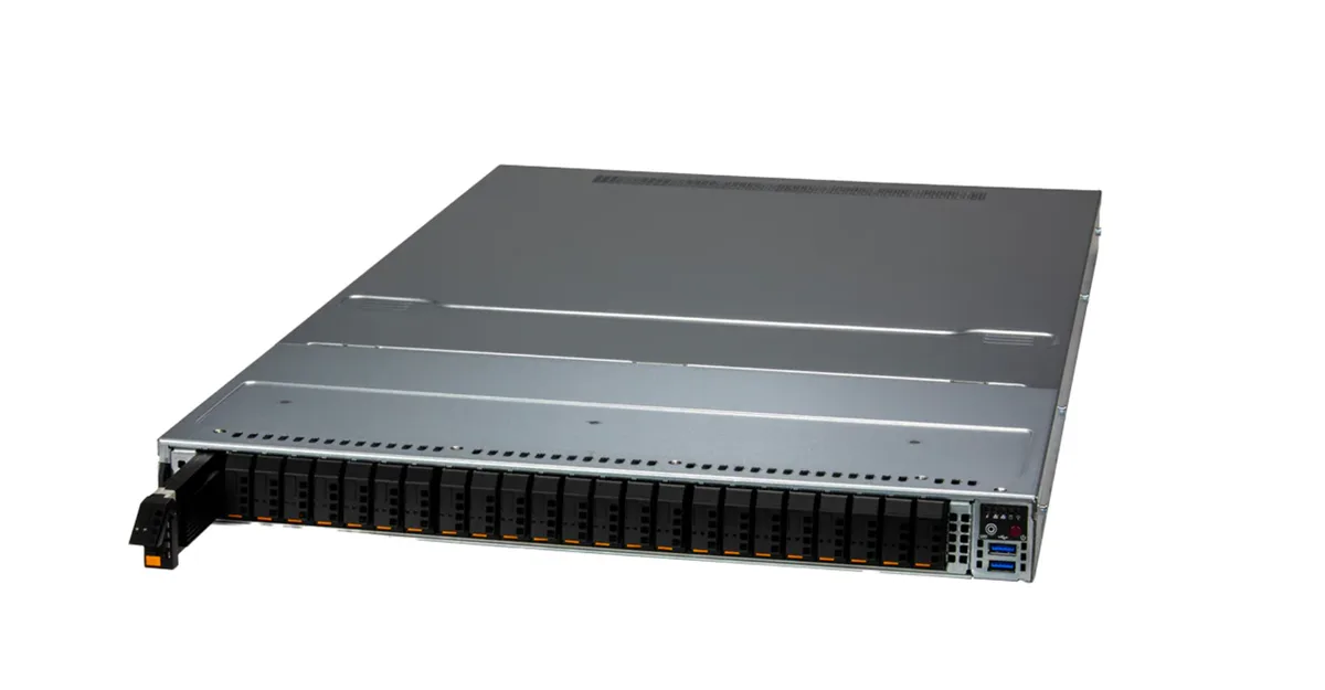 Silver 1U rack server front with 24 E1.S drive bays