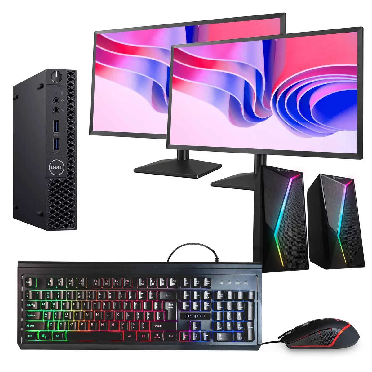 Black Dell OptiPlex 3070 Mini PC with dual 24 inch monitors, keyboard, mouse and RGB speaker
