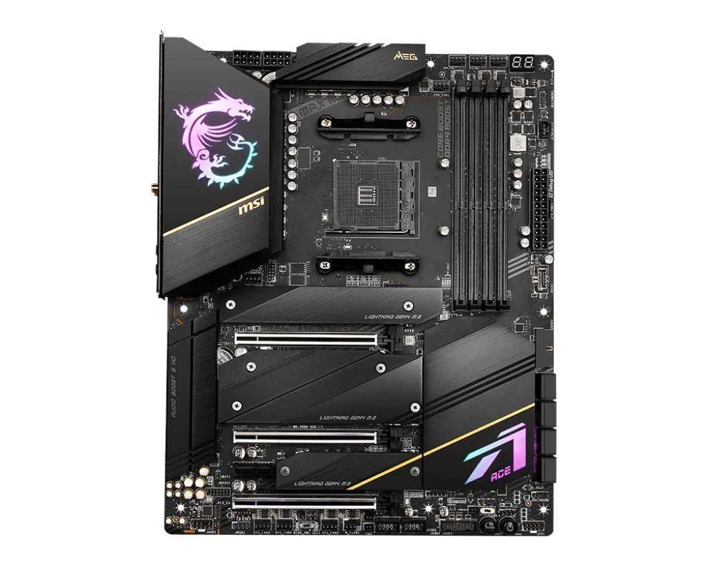 Rectangular ATX motherboard in black with silver heatsinks and gold accents