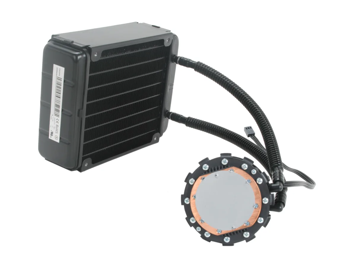 Black liquid CPU cooler with twin 120mm fans and radiator